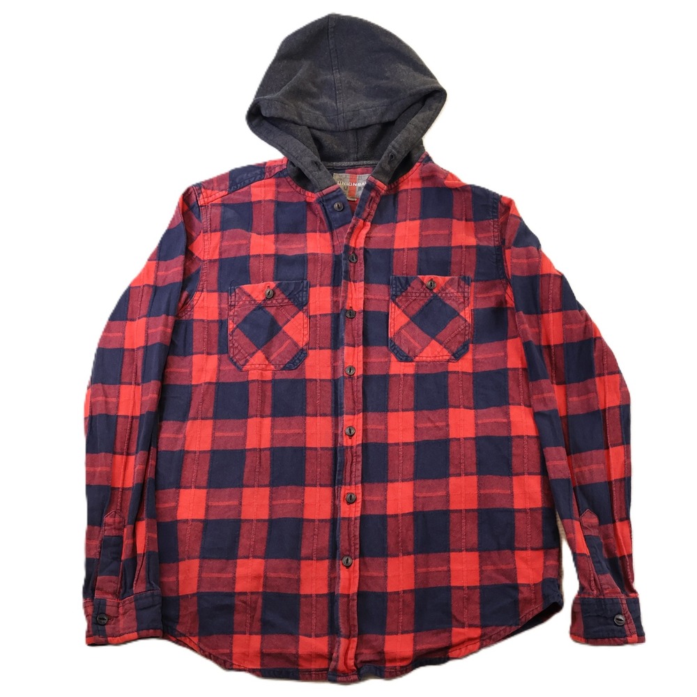 Unionbay Mens M Hooded Flannel Shirt Red Navy Buffalo Plaid Cotton YT63310
